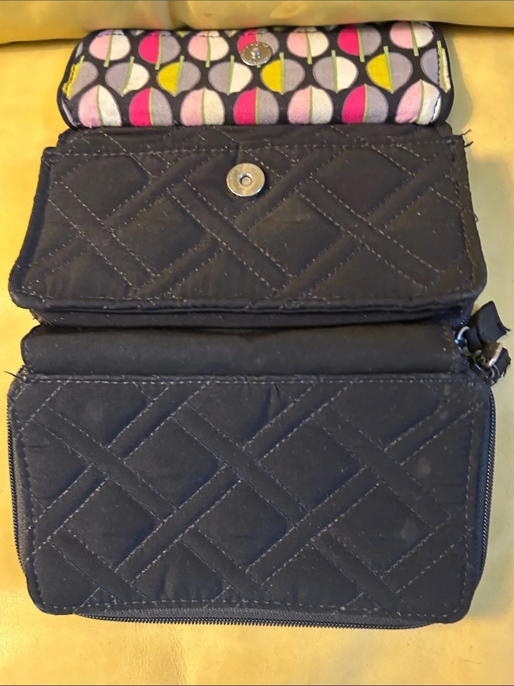Vera Bradley Black Quilted Zip Wallet with Metal Plaque